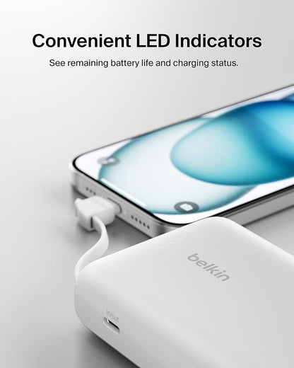 Belkin Portable Charger Power Bank USB C, 10000 mAh w/Integrated Cable, 20W Fast Charge USB-C Power Delivery, iPhone Charger, Apple iPhone 17, Air, Pro, Pro Max, iPad, Samsung Galaxy S25 - White