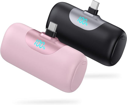 [2-Pack] 6000mAh Portable Charger for iPhone 17/16, LCD Display USB C Mini Power Bank,PD Fast Charging Lipstick Sized Battery Pack for iPhone 17/16/15 Pro Max, Galaxy S25/S24, Pixel (Black+Pink)