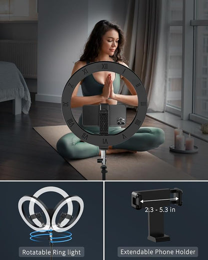 10" Ring Light Tripod for iPhone Overhead Phone Mount Holder, Flexible Ring Light with Stand - LED CRI >95 & Adjustable 70" Height, Phone Stand for Recording Video Camera Selfie Vlog TikTok YouTube
