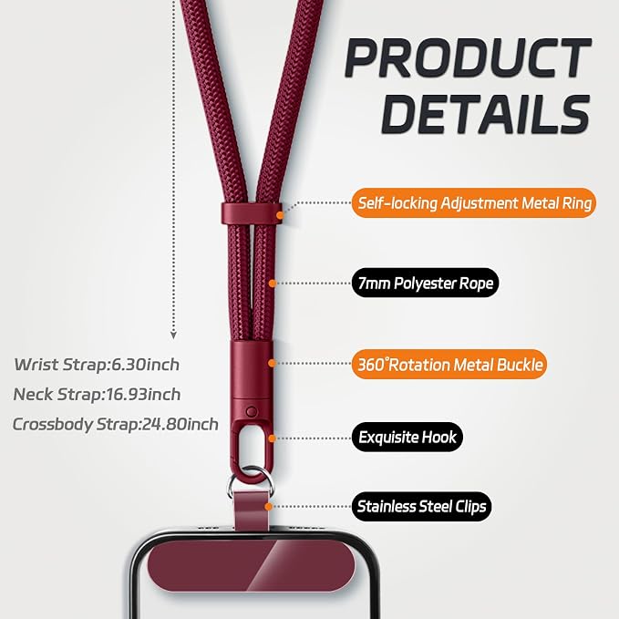 KITANIS 3 Pack Phone Lanyard,1×Phone crossbody strap,1×Phone Neck Strap,1×Wrist Strap,3×Tether Tabs,Universal Cell Phone Multifuctional Patch Polyester Lanyards(Wine)