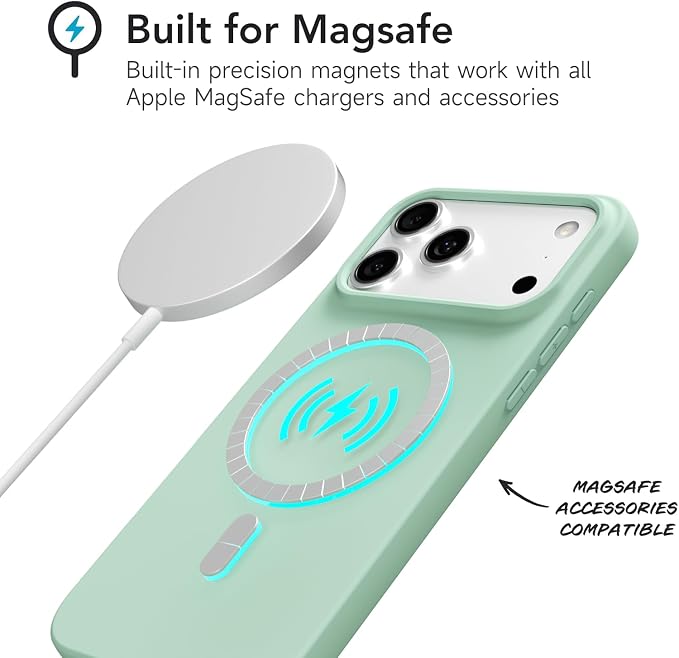 for iPhone 17 Pro Max Case Silicone Compatible with Magsafe Case, Ultra Slim Thin Magnetic Phone Cases Mag Safe, Cute Soft Rubber Gel Matte Plain Wireless Charging Cover for Women, Mint Green