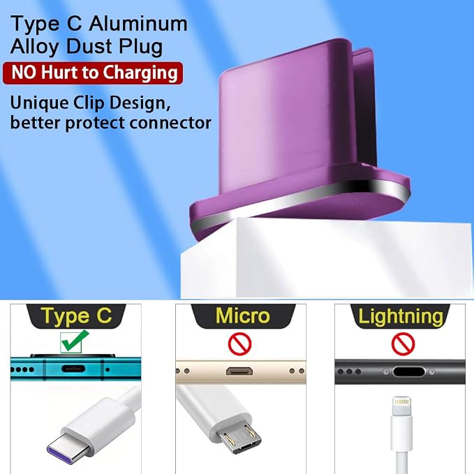 USB C Port Dust Cover Plug Cap 2 Metal Anti Dust Protectors for Smartphone MacBook Pro Air Laptop Charging Port with SIM Card Removal Pin Compatible with Samsung Galaxy S24 S23 S22 S21(Purple)