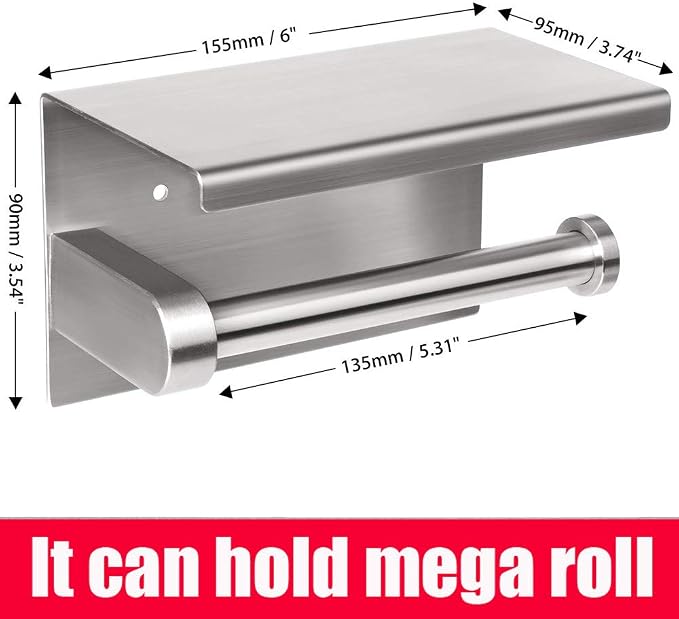 WAYDELI Toilet Paper Holder with Phone Shelf, Fit Mega Rolls, Tissue Roll Dispenser with Storage Shelf, SUS304 Stainless Steel, 3M Adhesive No Drill or Wall-Mounted with Screws - Brushed Nickel