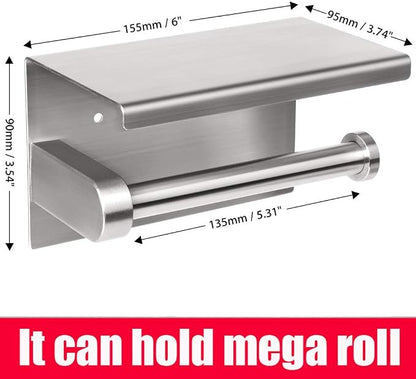 WAYDELI Toilet Paper Holder with Phone Shelf, Fit Mega Rolls, Tissue Roll Dispenser with Storage Shelf, SUS304 Stainless Steel, 3M Adhesive No Drill or Wall-Mounted with Screws - Brushed Nickel
