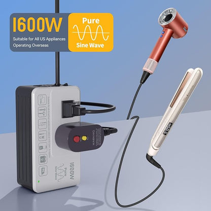 HYTED 1600W 220V to 110V Converter, No Load-Type Restrictions - Plug & Play | Pure Sine Wave Voltage Converter US to Europe International Travel, Power Any 110–120V Appliance in 220–250V Countries