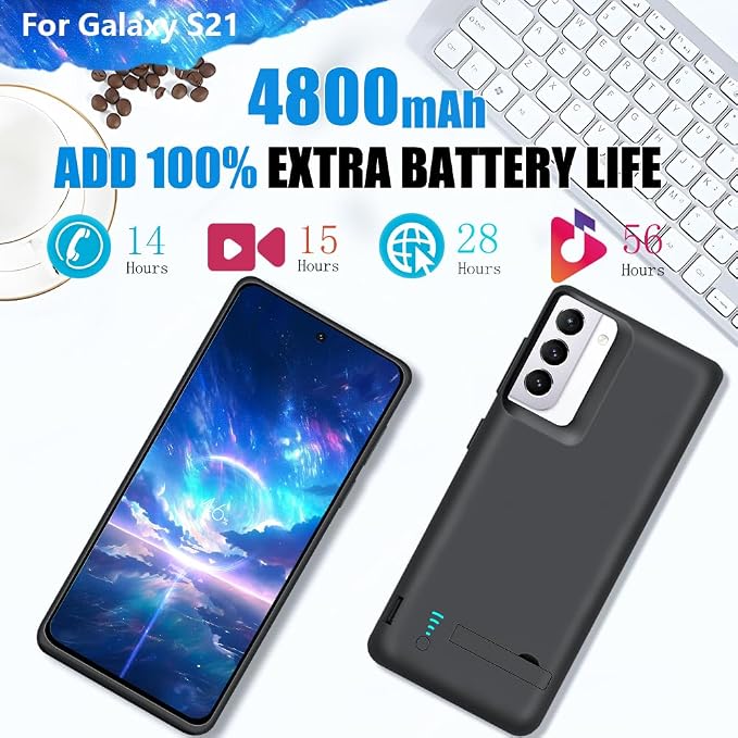 [Upgraded Battery Case for Samsung Galaxy S21 5G, 4800mAh Rechargeable Extended Battery Charging Charger Case, Add 100% Extra Juice (6.2 Inches) Black