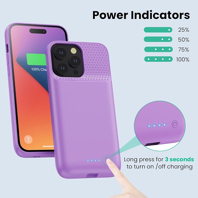 Battery Case for iPhone 14 Pro Max,14 Plus and 13 pro Max, Real 8600mAh Rechargeable Smart Extended Charging Case, Ultra-Slim Portable Protective Battery Pack (6.7 inch) Purple