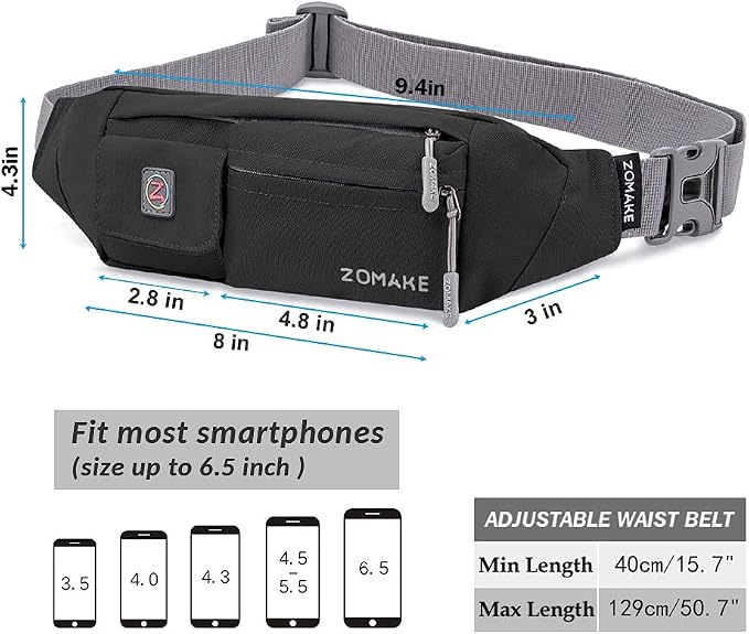 ZOMAKE Small Crossbody Fanny Pack for Women Men, Runner Belt Bag with Adjustable Strap, Water Resistant Waist Bag for Running