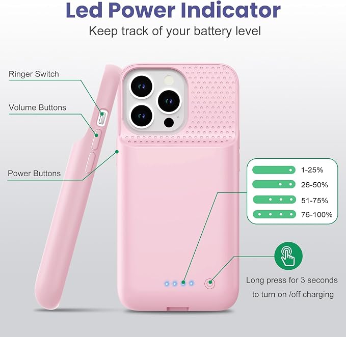 Feob Battery Case for iPhone 15Pro (6.1Inch), Real 7500mAh Ultra Slim Portable & 15W Fast Charging, Rechargeable Protective Extended Charger Case Cover Only for iPhone 15Pro Charging Case-Pink