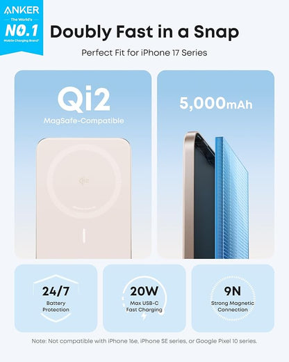 Anker Nano MagSafe Power Bank, Ultra-Slim 5,000mAh Magnetic Wireless Charging Battery, Qi2 Certified 15W Max MagSafe-Compatible Portable Charger, Ergonomic Design, for iPhone Air/17/16 Series