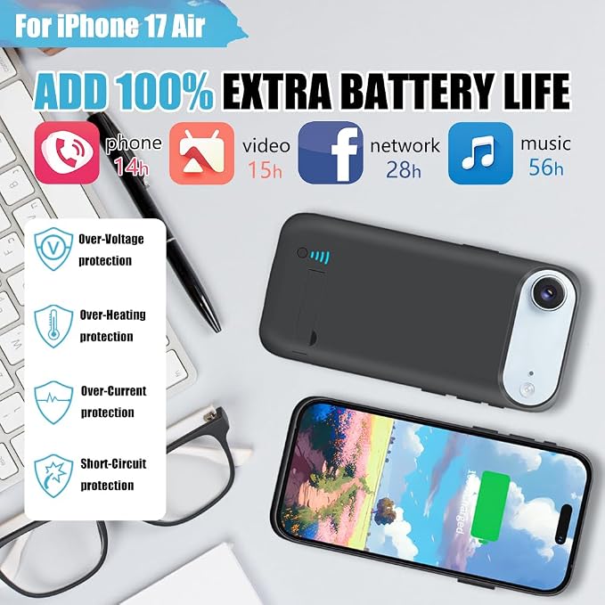 Battery Case for iPhone 17 Air, 6000mAh Rechargeable Extended Battery Charging/Charger Case, Add 100% Extra Juice (6.5 Inches) Black