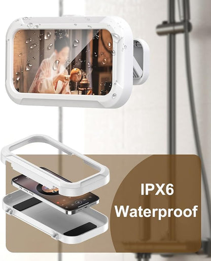 Shower Phone Holder Waterproof, 480°Rotation Wall Mount Shower Phone Case, HD Touch Screen Waterproof Phone Holder for Bathroom Bathtub Kitchen, Fit 4-7" Phone (White)