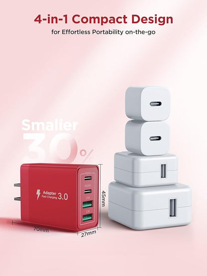 [3-Pack] USB Charger Fast Charging Block 40W Type C Charging Blocks 4-Port PD Power Adapter + QC Wall Plug Multiport USB C Charger Block for iPhone 17 16 15 14 13 12 11 Pro Max XR XS 8