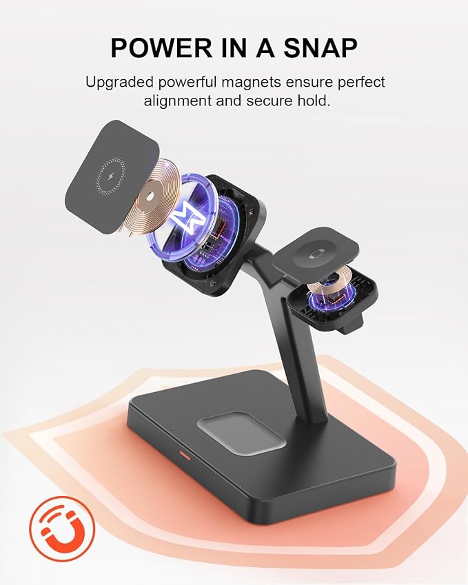 GEEKERA Magnetic 3 in 1 Wireless Charging Station, Fast Wireless Charger Stand Dock, Wireless Charger for iPhone 16/15/14/13/12 Pro Max, Apple Watch 10/9/8/7/6/SE/5/4/3/2, AirPods 4/3/2/Pro