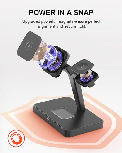 GEEKERA Magnetic 3 in 1 Wireless Charging Station, Fast Wireless Charger Stand Dock, Wireless Charger for iPhone 16/15/14/13/12 Pro Max, Apple Watch 10/9/8/7/6/SE/5/4/3/2, AirPods 4/3/2/Pro