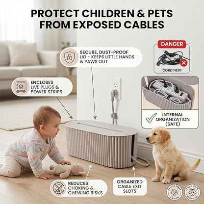 Cable Management Box – Home & Office Desk Cord Organizer Hide Power Strip & Under Desk TV Computer Wire Pet Friendly Child-Proof Floor Cord Management Cover - Beige