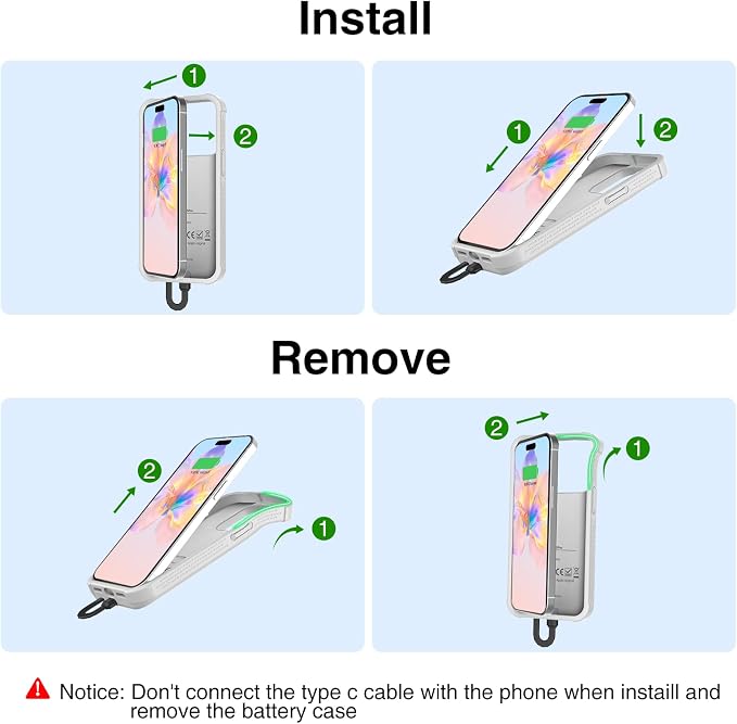 GIN FOXI Battery Case for iPhone 15/15 Pro, Rechargeable Charing Cases 7000mAh Portable Juice Box Fast Charger Cover Battery Pack for 15/15 Pro Built-in Cable, Grey(6.1”)