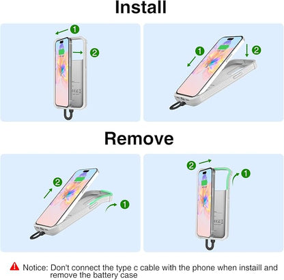 GIN FOXI Battery Case for iPhone 15/15 Pro, Rechargeable Charing Cases 7000mAh Portable Juice Box Fast Charger Cover Battery Pack for 15/15 Pro Built-in Cable, Grey(6.1”)