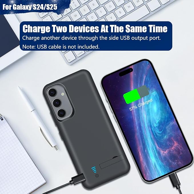 Upgraded Battery Case for Samsung Galaxy S25 / S24, 5000mAh Rechargeable Extended Battery Charging Charger Case, Add 100% Extra Juice, Not Compatible with S24+ or S24 Ultra (6.2 inch) Black