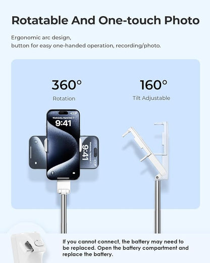 Selfie Stick for iPhone, Extended Portable Selfie Stick, Wireless Remote, Adujustable, Compact Phone Holder for Photograph, Video Recording, Streaming (White)