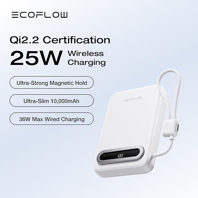 EF ECOFLOW Rapid Mag Power Bank, Qi2.2 25W MagSafe-Compatible Portable Charger, 10,000mAh Magnetic Power Charger with Built-in USB-C Cable and Foldable Stand, for iPhone 17/16/15
