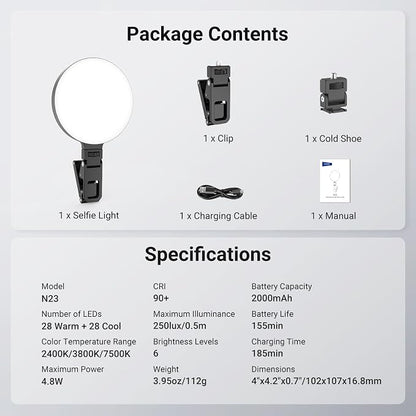 NEEWER Entry Level Version LED Selfie Ring Light, 4.8W Bi Color Edge Lit Clip Phone Fill Lighting with 2000mAh Battery, CRI90+ for Camera Laptop Computer Webcam Video Conference Makeup Recording, N23