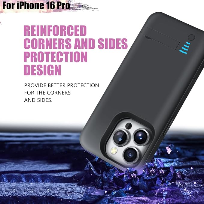 Battery Case for iPhone 16 Pro, 5000mAh Rechargeable Extended Battery Charging/Charger Case, Add 100% Extra Juice (6.3 inch) Black
