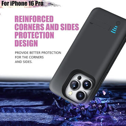 Battery Case for iPhone 16 Pro, 5000mAh Rechargeable Extended Battery Charging/Charger Case, Add 100% Extra Juice (6.3 inch) Black