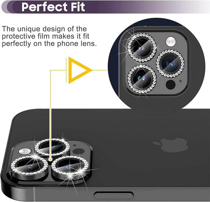 Suoman for iPhone 14 Pro Max / 14 Pro Camera Lens Protector, [Diamonds Bling] 9H Tempered Glass, Full Coverage Metal Protective Cover - Diamond Black
