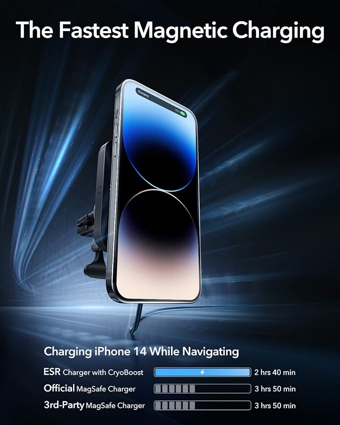 ESR for MagSafe Car Mount Charger with CryoBoost, Magnetic Wireless Car Charger, for MagSafe Car Charging, for iPhone 17e/17/16/15/14/13/12, S26/S25, Fast Phone Cooling Charging Set,36W QC 3.0 Adapter
