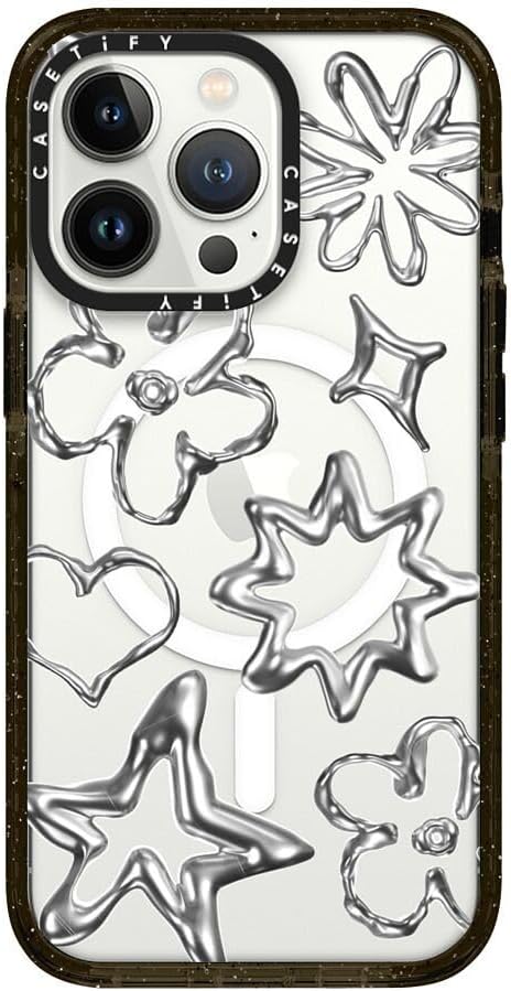 CASETiFY Impact iPhone 13 Pro Case [4X Military Grade Drop Tested / 8.2ft Drop Protection/Compatible with Magsafe] - Chrome Doodles - Clear Black