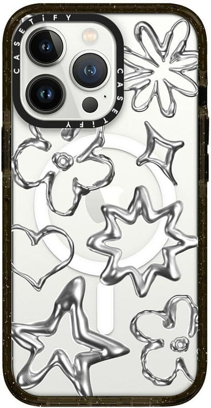 CASETiFY Impact iPhone 13 Pro Case [4X Military Grade Drop Tested / 8.2ft Drop Protection/Compatible with Magsafe] - Chrome Doodles - Clear Black