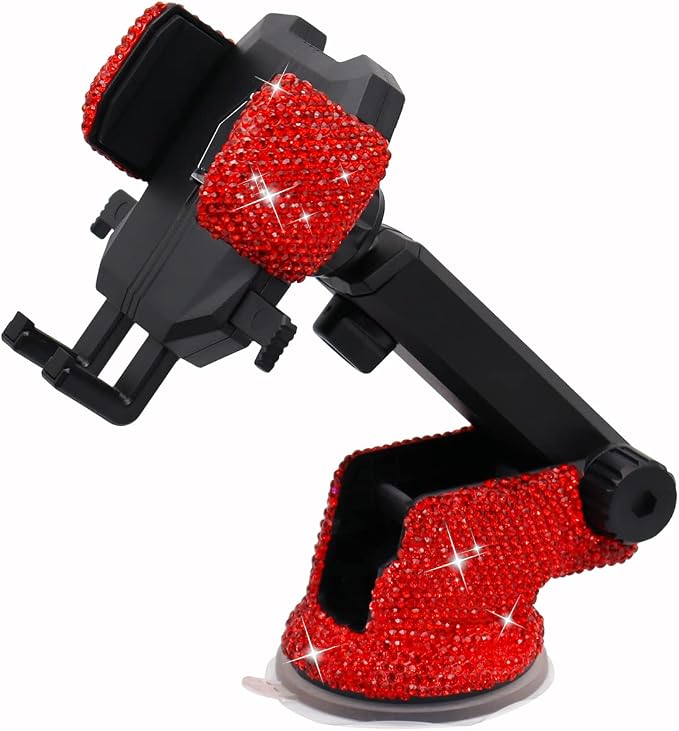 LYCARESUN Bling Car Phone Mount Holder,Shiny Crystal Rhinestone Phone Stand for Women and Girls, Car Accessories for Windshield Dashboard,Compatible with Most Cellphones (red)