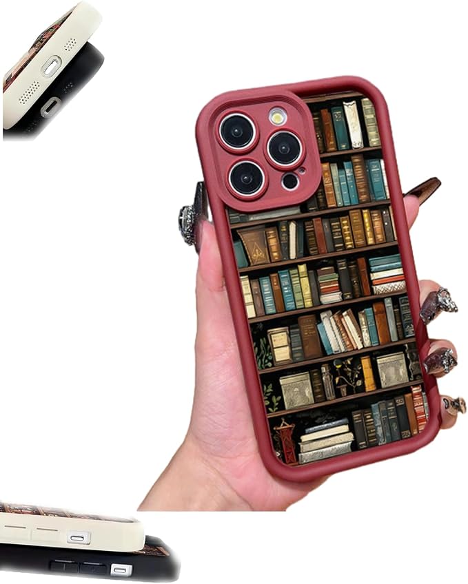 Bookshelf Phone Case, Book Phone Case, Non Slip TPU Soft for Men Women, Vintage Portable for Iphone16/15/14/13pro Max (Red,iPhone 14ProMax)