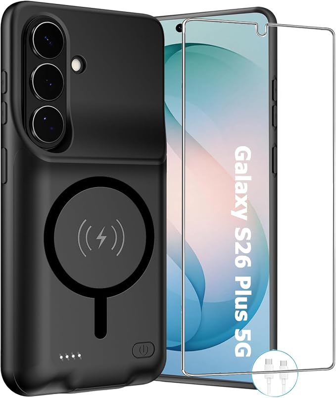 Wireless Charging Case for Galaxy S26 Plus, Upgraded 12000mAh Rechargeable Portable Charging Case Compatible with Galaxy S26 Plus (6.7 inch) with Carplay Extended Battery Pack Charger Case (Black)