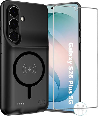 Wireless Charging Case for Galaxy S26 Plus, Upgraded 12000mAh Rechargeable Portable Charging Case Compatible with Galaxy S26 Plus (6.7 inch) with Carplay Extended Battery Pack Charger Case (Black)