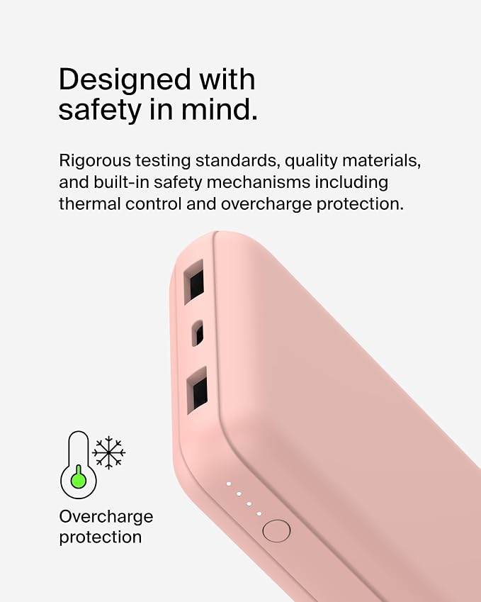 Belkin Portable Charger, USB C Power Bank 20000 mAh w/ 1xUSB-C Port & 2xUSB-A Ports, 15W w/ Type-A to Type-C Cable - iPhone 17, Air, Pro, Pro Max, Samsung Galaxy S25, Google Pixel 10, etc. - Rose Gold