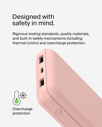 Belkin Portable Charger, USB C Power Bank 20000 mAh w/ 1xUSB-C Port & 2xUSB-A Ports, 15W w/ Type-A to Type-C Cable - iPhone 17, Air, Pro, Pro Max, Samsung Galaxy S25, Google Pixel 10, etc. - Rose Gold