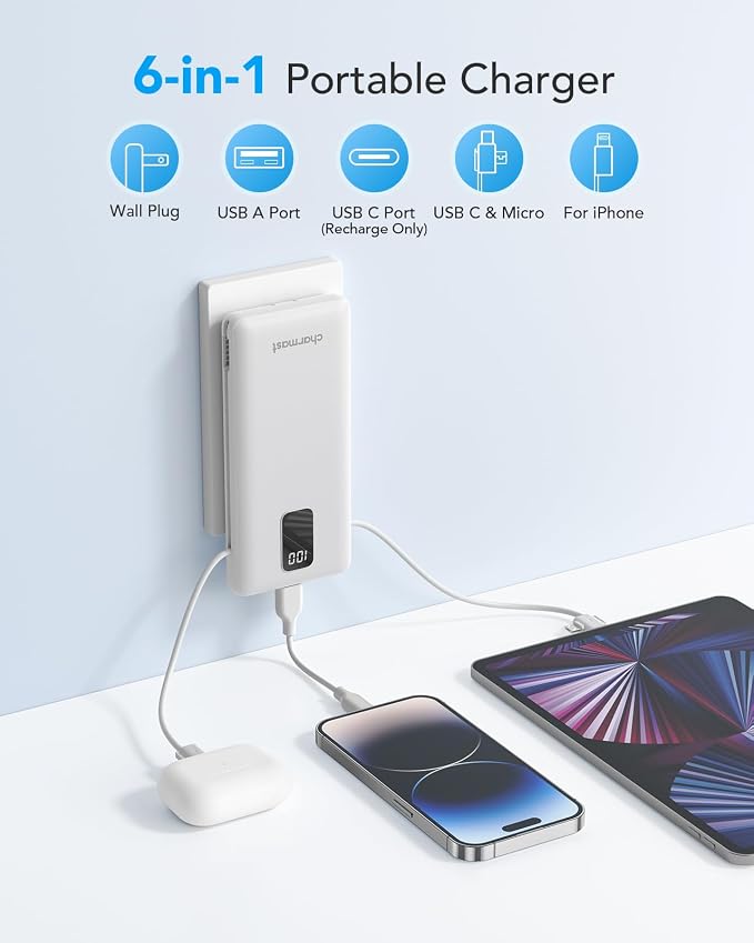 charmast Portable Charger with Built-in Cables and Plug, 10000mAh USB C Power Bank Fast Charging, External Battery Pack Slim, Travel Essentials Compatible with iPhones, Samsung Galaxy, iPad (Navy)