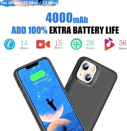 Battery Case for iPhone 12 mini & iPhone 13 mini, 4000mAh Rechargeable Extended Battery Charging Charger Case, Add 100% Extra Juice (5.4 Inches) Black