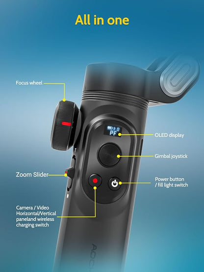 AOCHUAN Gimbal Stabilizer for iPhone Gimbal with Wireless Charging Smartphone for iPhone 15 Pro Max/Android Foldable 3-Axis Handheld Phone Stabilizer for Video Recording Face Tracking-Smart X Pro
