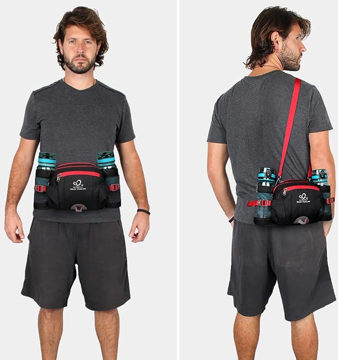 WATERFLY Fanny Pack Waist Bag: Fannie Pack 2 Water Bottle Holders Lumbar Belt Hiking Walking Running Jogging Camping Large Woman Man (Bottle Not Included)
