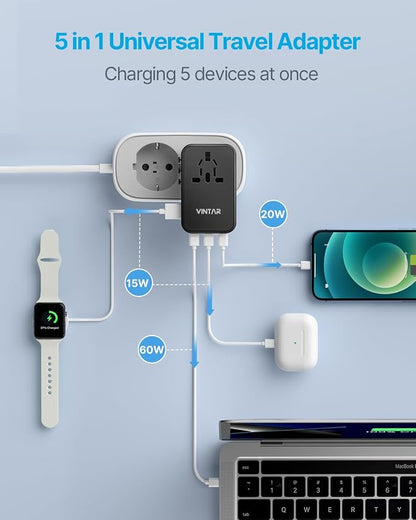 Universal Travel Adapter, VINTAR 100W GaN International Power Adapter with 3 USB-C PD Fast Charging and 1 USB-A QC, All-in-one Outlet Converter Charger for Europe UK USA AUS(Type C/G/A/I)