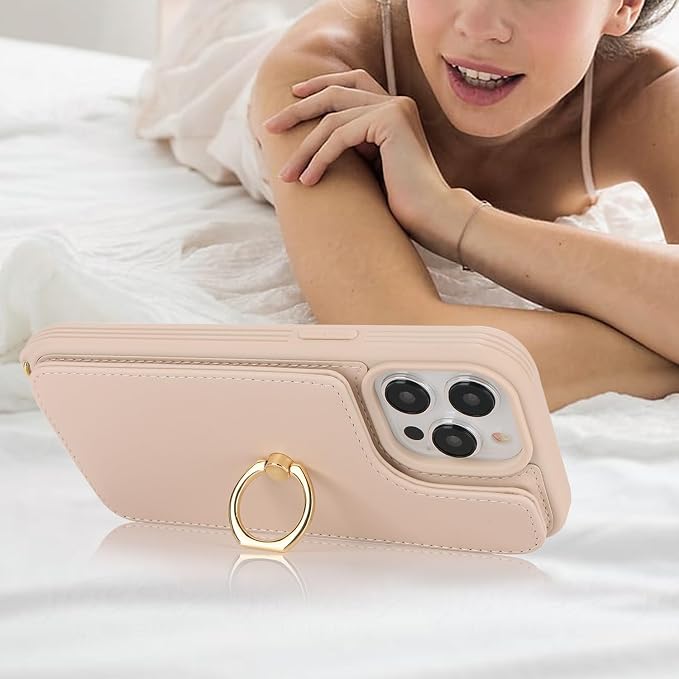 Lipvina for iPhone 14 Pro Max Case with Card Holder for Women,Phone Case with Strap,Crossbody Lanyard,RFID Blocking,Ring Stand,Snap Clasp,Cute Wallet Cases 6.7 inch (Beige)
