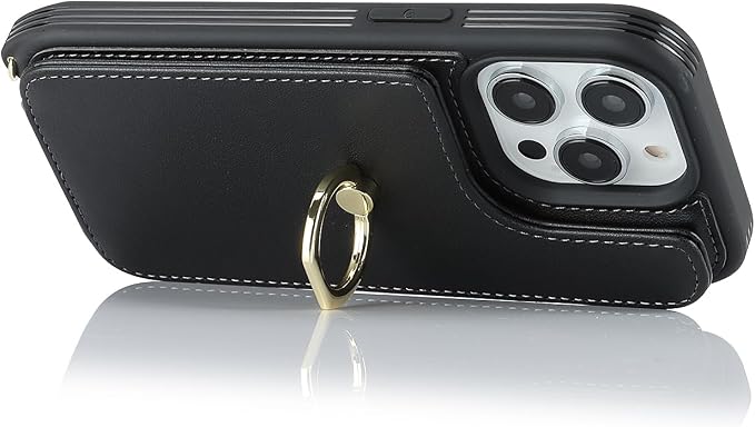 Lipvina for iPhone 14 Pro Max Case with Card Holder for Women,Phone Case with Strap,Crossbody Lanyard,Ring Stand,Snap Clasp,Cute Wallet Cases 6.7" (Black)