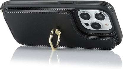 Lipvina for iPhone 14 Pro Max Case with Card Holder for Women,Phone Case with Strap,Crossbody Lanyard,Ring Stand,Snap Clasp,Cute Wallet Cases 6.7" (Black)