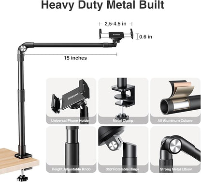 elitehood Aluminum Arm Phone Holder for Bed [360° Swivel Tilt Rotation], Adjustable Bedside Phone Holder Laying Down, iPhone Stand for Bed Desk Overhead, iPhone Clamp Mount Fit All 4-7’’ Cellphone