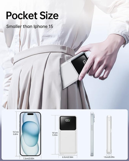 RONEGN Portable Charger with Built in Cable -20000mAh Fast Charging Power Bank USB C Slim 22.5W LED Display Battery Pack 5 Outputs & 3 Inputs for Travel Essentials iPhone Samsung Phones White
