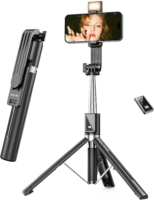 Selfie Stick Tripod with Fill Light and Stable Base, Extendable Phone Tripod with Detachable Wireless Remote, 50" Travel Stand for Cell Phone Film & Vlog Compatible with iPhone Android Gopro