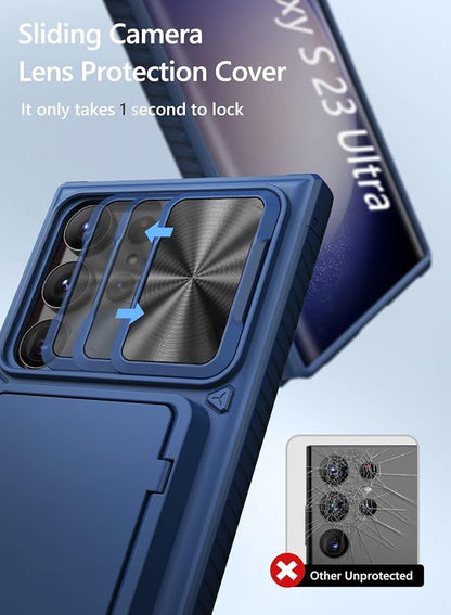 Vihibii for Samsung Galaxy S23 Ultra Case with Card Holder (4 Cards) & Sliding Camera Cover & Kickstand, Shockproof Rugged Hard Back & TPU Edge Wallet Case for Galaxy S23 Ultra 5G 6.8" 2023, Blue